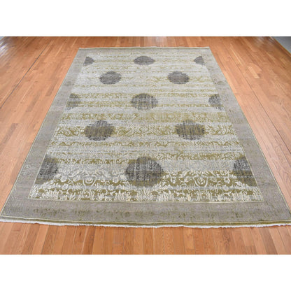 8'9"X12'1" Green Silk With Wool Abrash Artistic Motifs Hand Knotted Rug