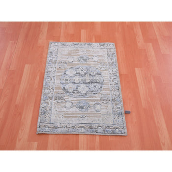 2'X3' Gray Hand Knotted Khotan Design Silk With Textured Wool Mat Rug