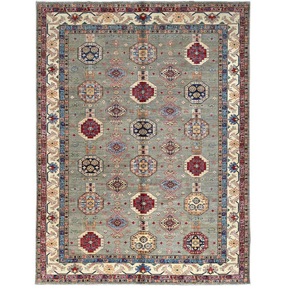 8'10"X11'9" Wrought Iron Gray Soft Pure Wool Hand Knotted Super Kazak Rug