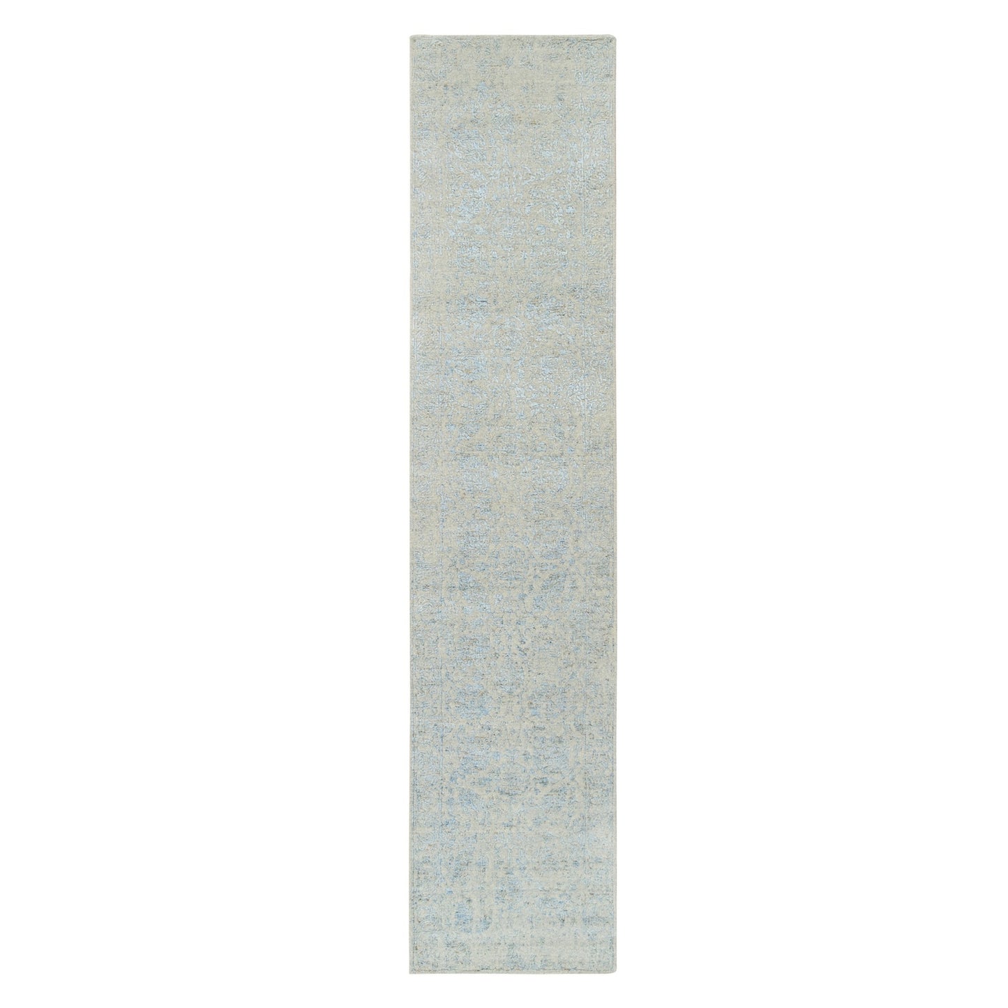 2'6"X12' Gray Wool And Silk Jacquard Hand Loomed Tebraz Runner Rug