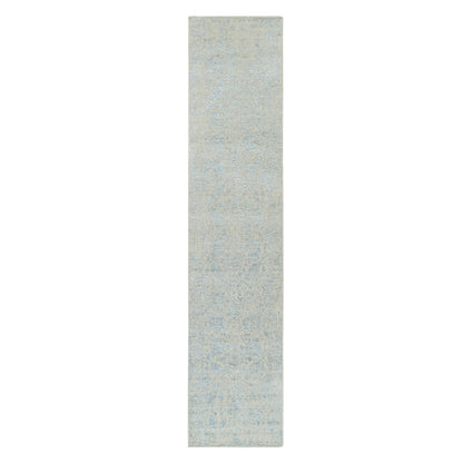 2'6"X12' Gray Wool And Silk Jacquard Hand Loomed Tebraz Runner Rug