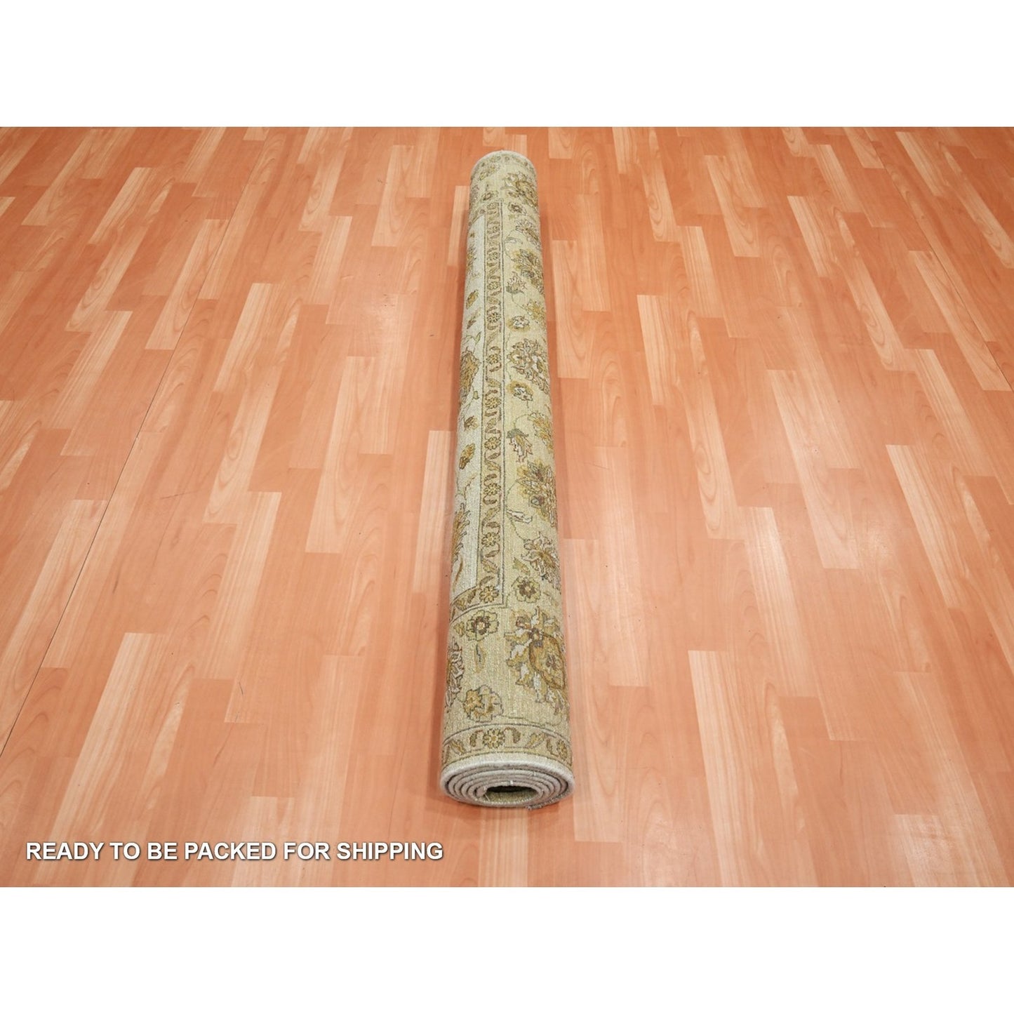 5'5"X8' Linen White Agra Colorful Leaf Pattern Hand Knotted Pure Wool Rug