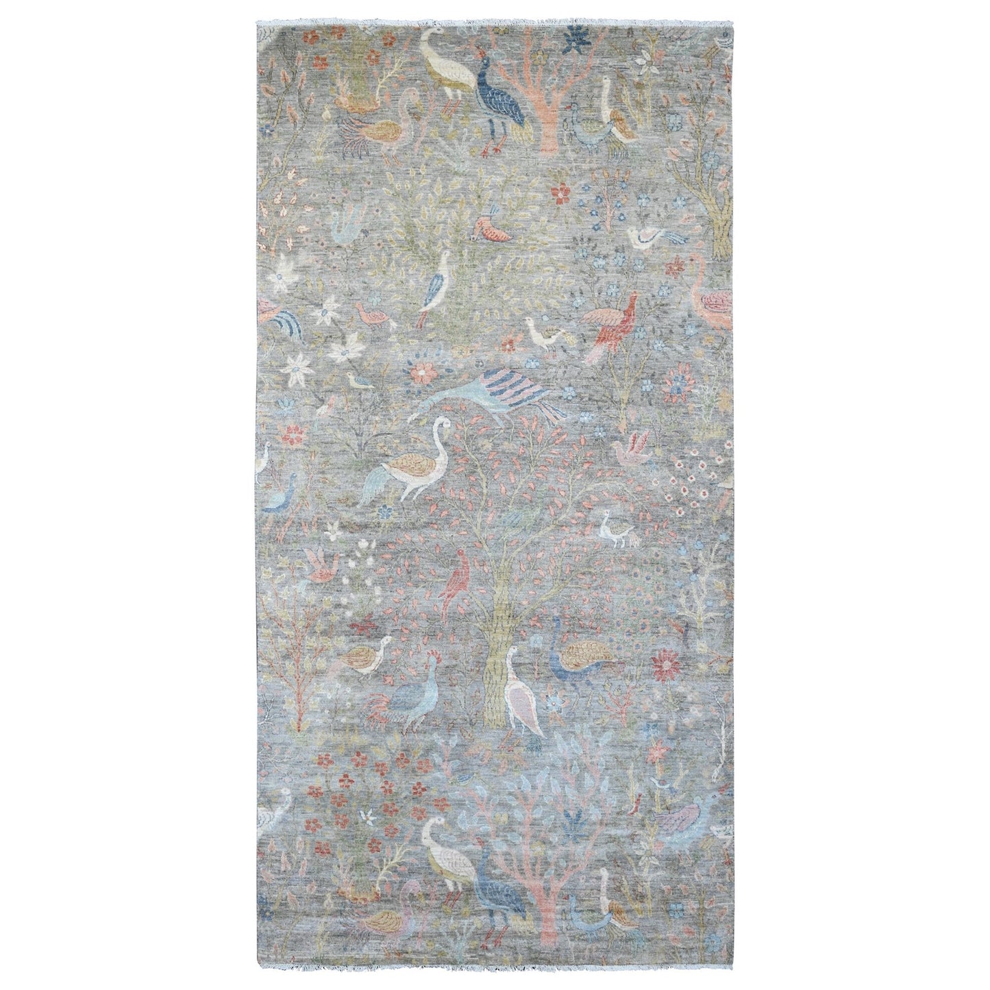 6'X12' Gray Peshawar Birds Design Hand Knotted Soft Wool Runner Rug