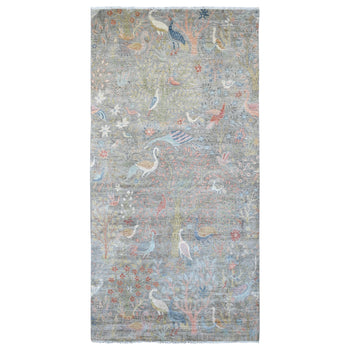 6'X12' Gray Peshawar Birds Design Hand Knotted Soft Wool Runner Rug