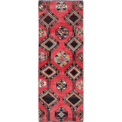 3'1"X8'4" Red Vintage Zoroastrian Sheeraz Pure Wool Hand Knotted Runner Rug