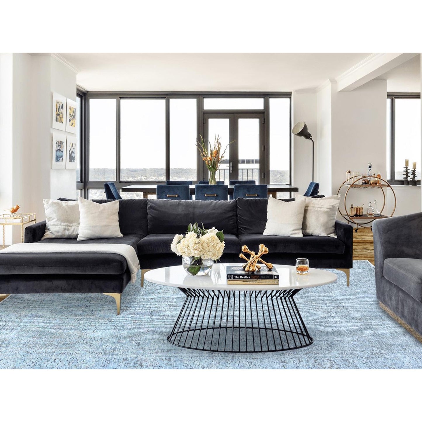 6'X8'9" Blue 100% Wool Clean Cropped Thin Hand Knotted Vintage Tebraz Rug