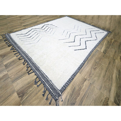 9'2"X12'1" White Moroccan Weave Geometric Design Wool Hand Knotted Rug
