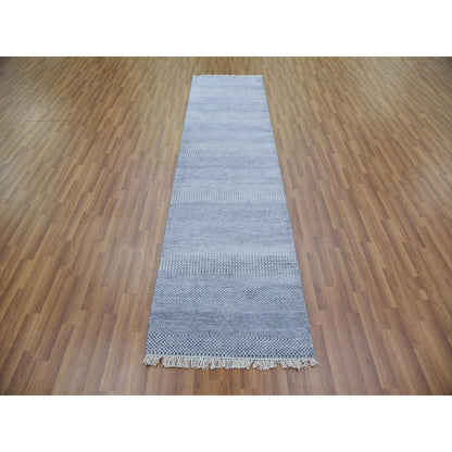 2'6"X10' Blue Hand Knotted Modern Grass Design Wool And Silk Runner Rug