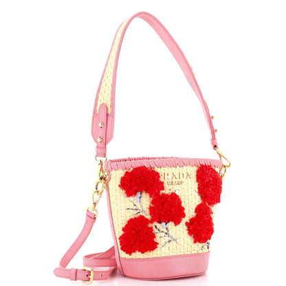 Prada Bucket Bag Woven Raffia With Leather With Applique Small