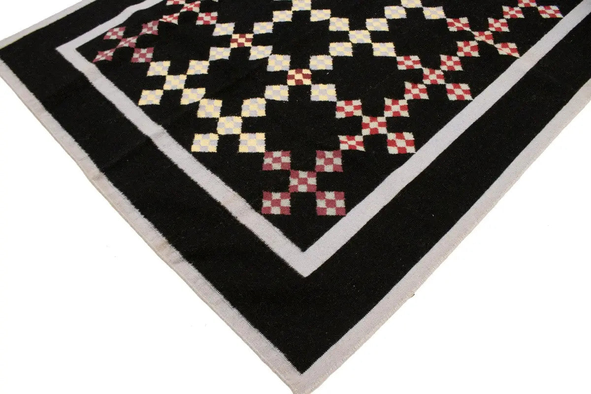 Black floral dhurrie wool rug flat weave reversible oriental carpet