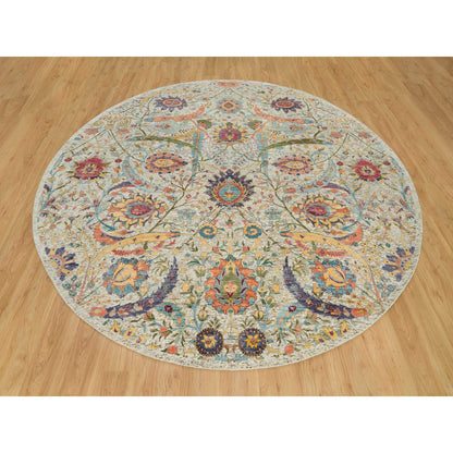 10'X10' Birch Tan Hand Knotted Silk And Wool Sickle Leaf Design Round Rug
