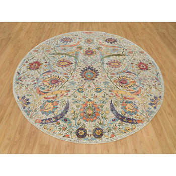 10'X10' Birch Tan Hand Knotted Silk And Wool Sickle Leaf Design Round Rug