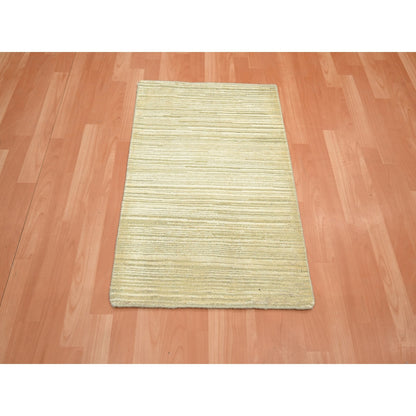 2'X3' Beige Plain Line Design Silk & Oxidized Wool Hand Knotted Mat Rug