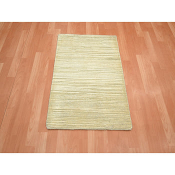 2'X3' Beige Plain Line Design Silk & Oxidized Wool Hand Knotted Mat Rug