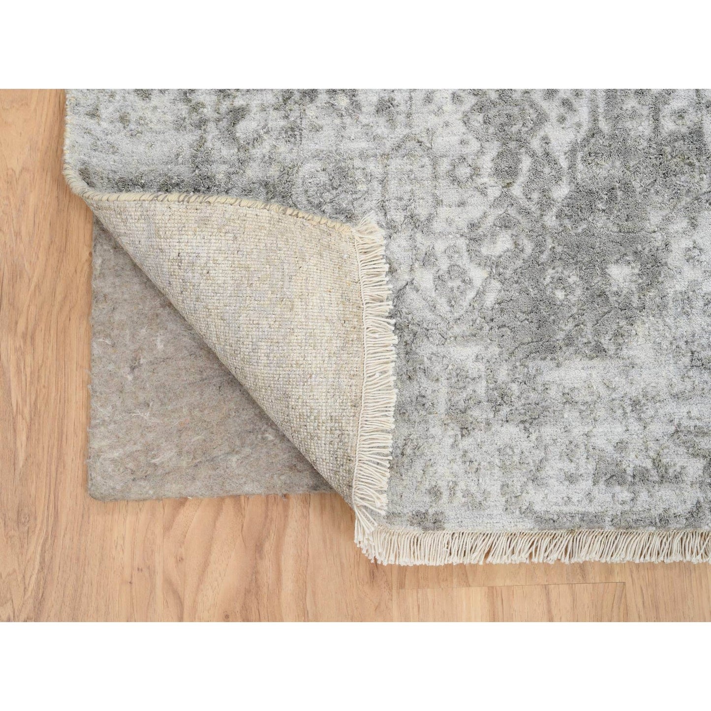 2'6"X12'1" Gray Wool/Silk Hand Knotted Zoroastrian Design Runner Rug