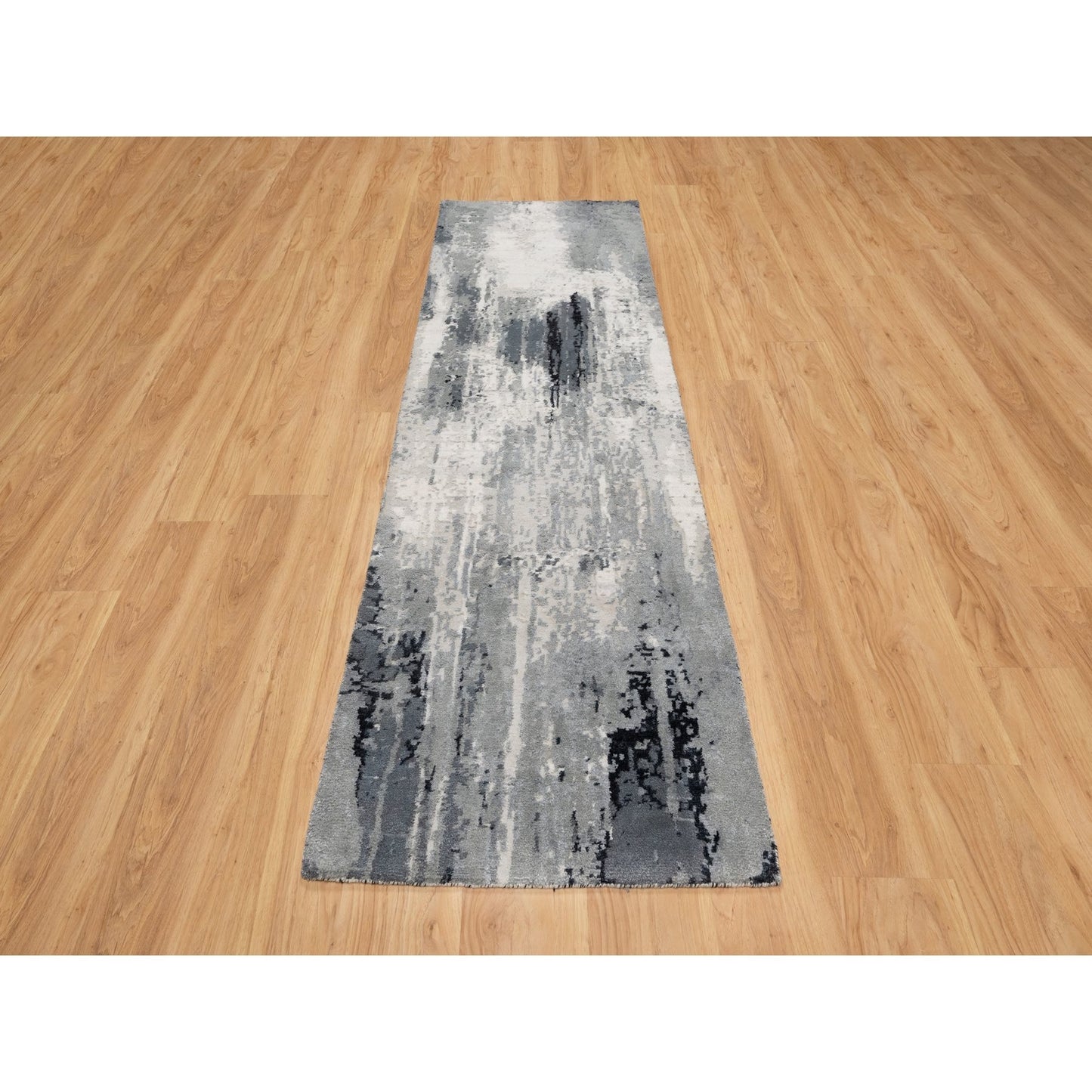 2'6"X8' Black Abstract Design Hand Knotted Wool And Silk Runner Rug