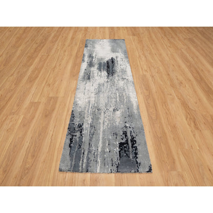 2'6"X8' Black Abstract Design Hand Knotted Wool And Silk Runner Rug