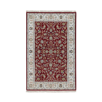 4'X6'1" Red Nain With Flower Pattern Wool And Silk Hand Knotted Rug