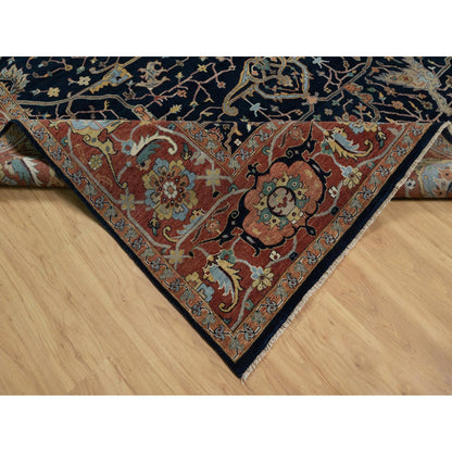 9'X12'2" Midnight Blue Antiqued Heris Re-Creation Hand Knotted Wool Rug