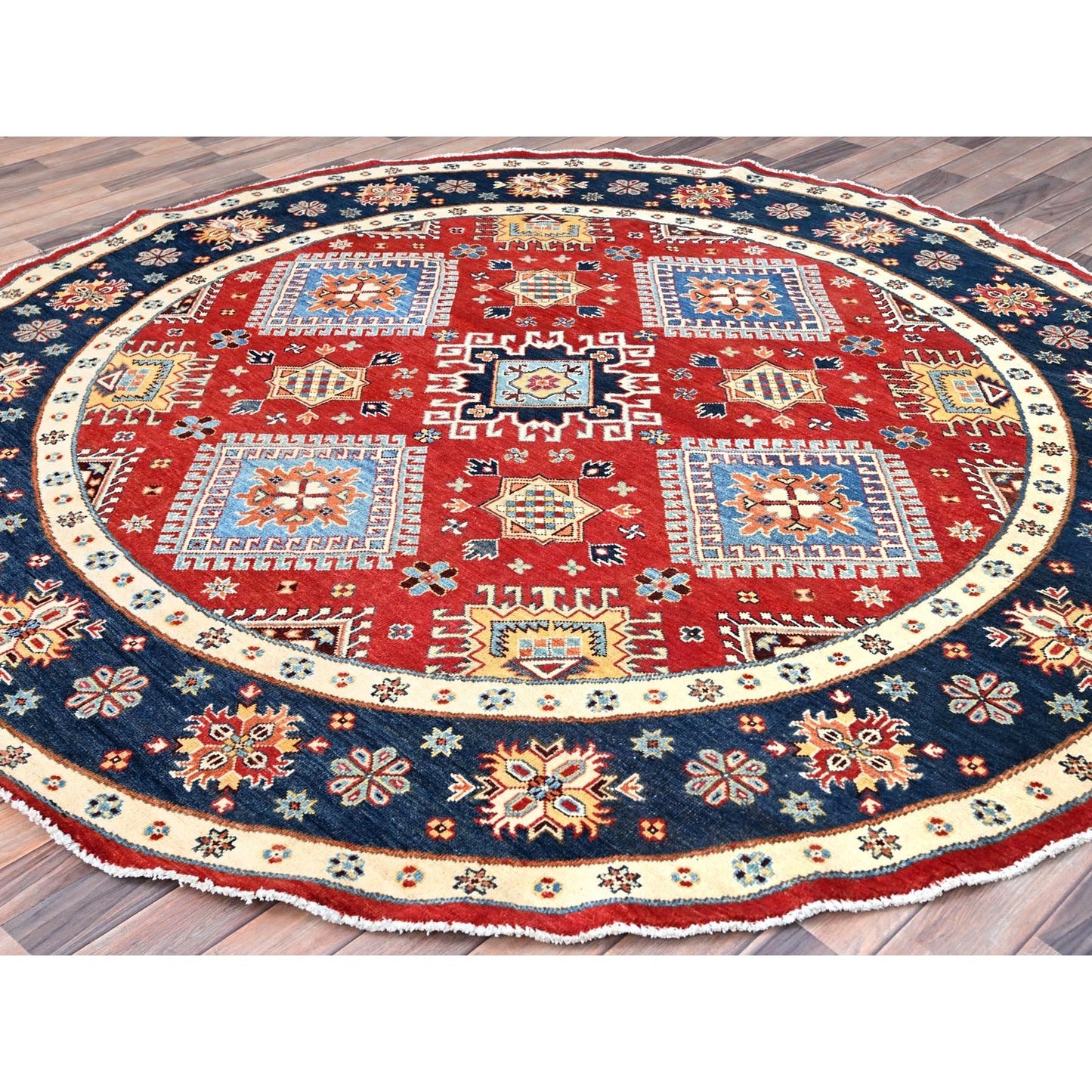 7'10"X7'9" Red Soft Wool Special Kazak Hand Knotted Round Oriental Rug