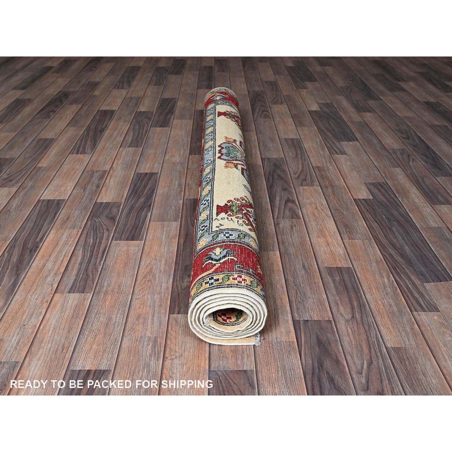 5'X6'6" Chiffon White Kazak With Geometric Design Hand Knotted Wool Rug