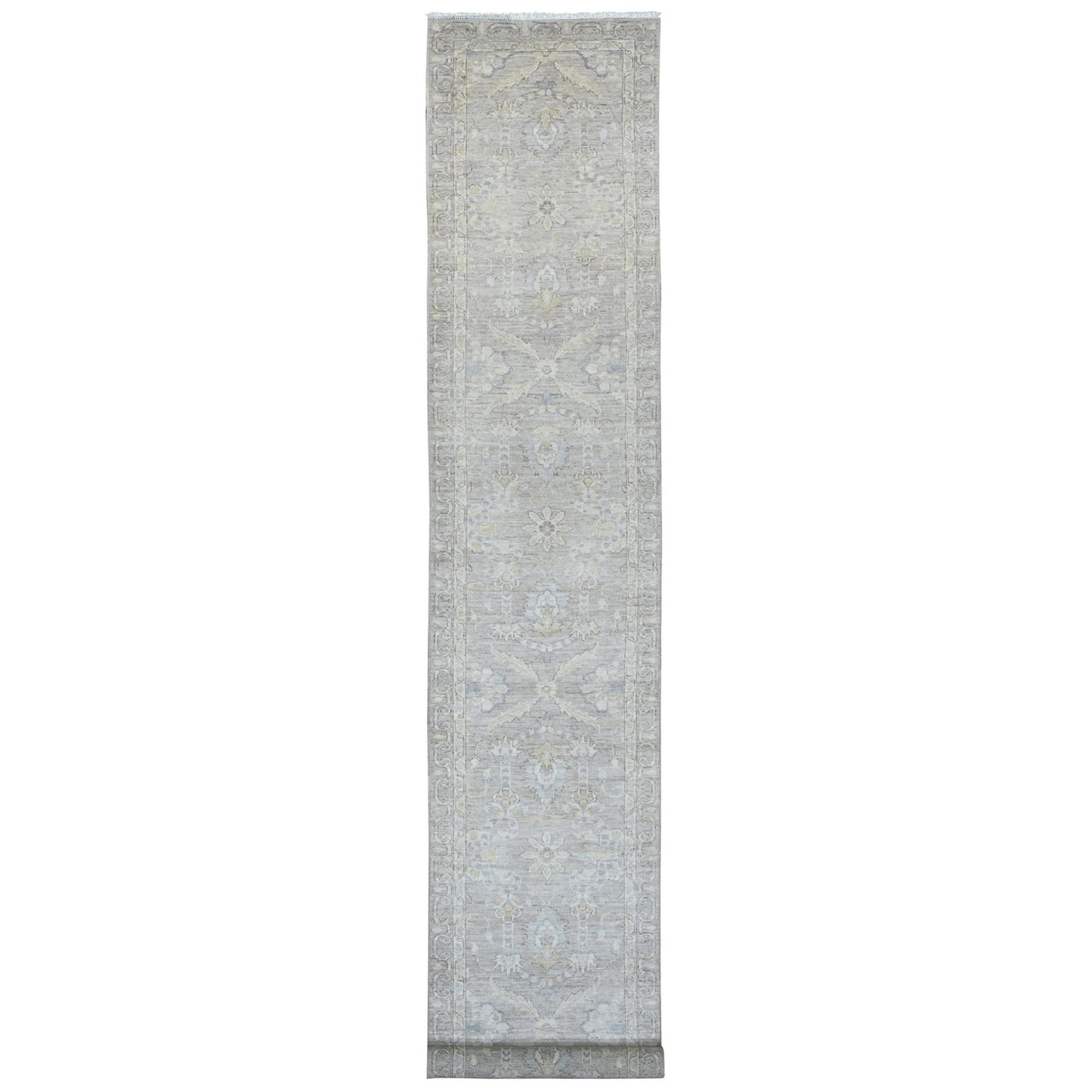 2'8"X16'1" Gray Washed Peshawar Leaf Design Hand Knotted Wool Runner Rug