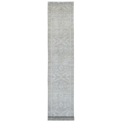 2'8"X16'1" Gray Washed Peshawar Leaf Design Hand Knotted Wool Runner Rug