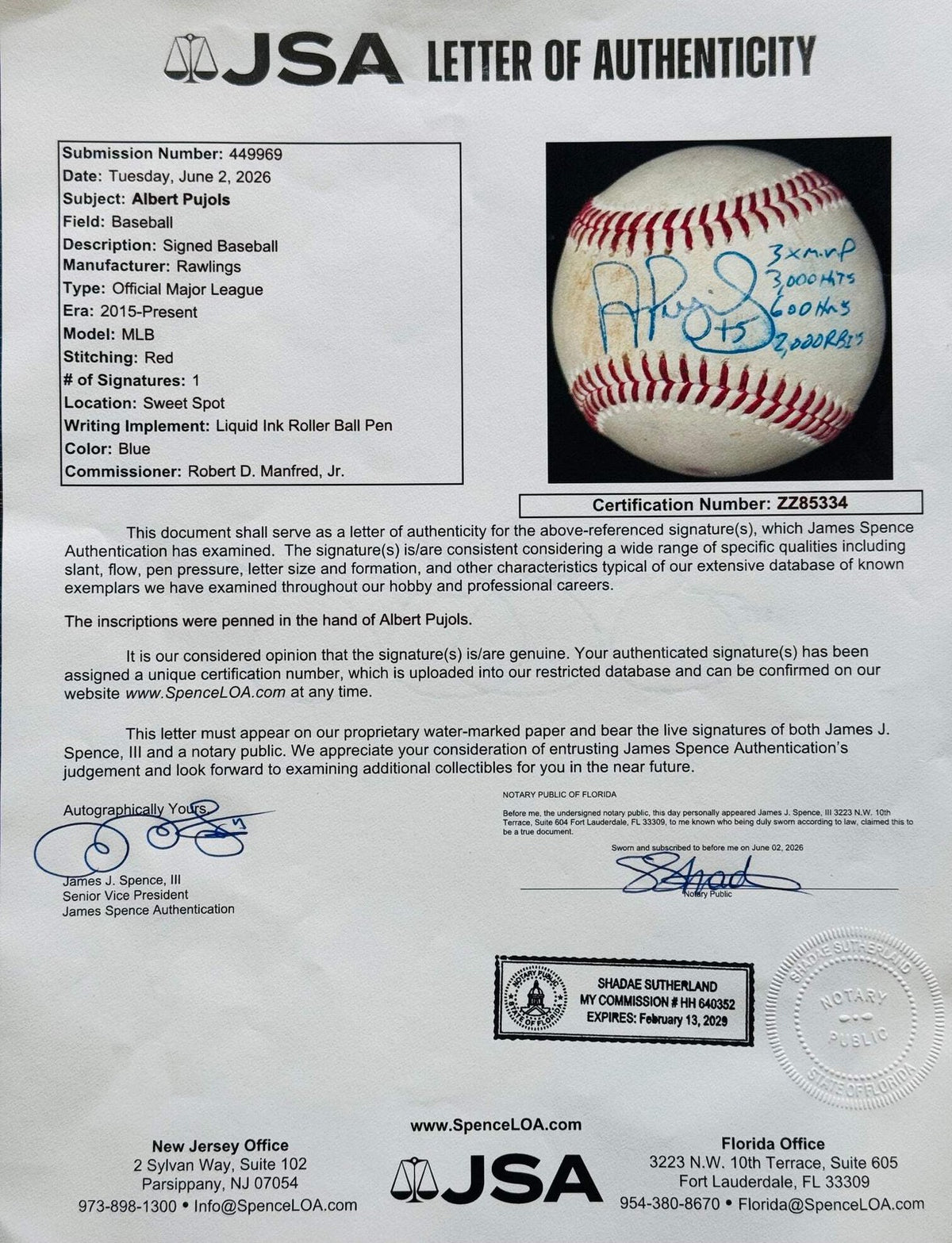 Pujols Autographed Official Baseball Game Used Major League Albert