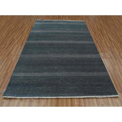 6'X9' Yankees Blue Wool And Silk Hand Knotted Grass Design Rug