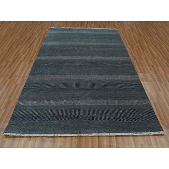 6'X9' Yankees Blue Wool And Silk Hand Knotted Grass Design Rug