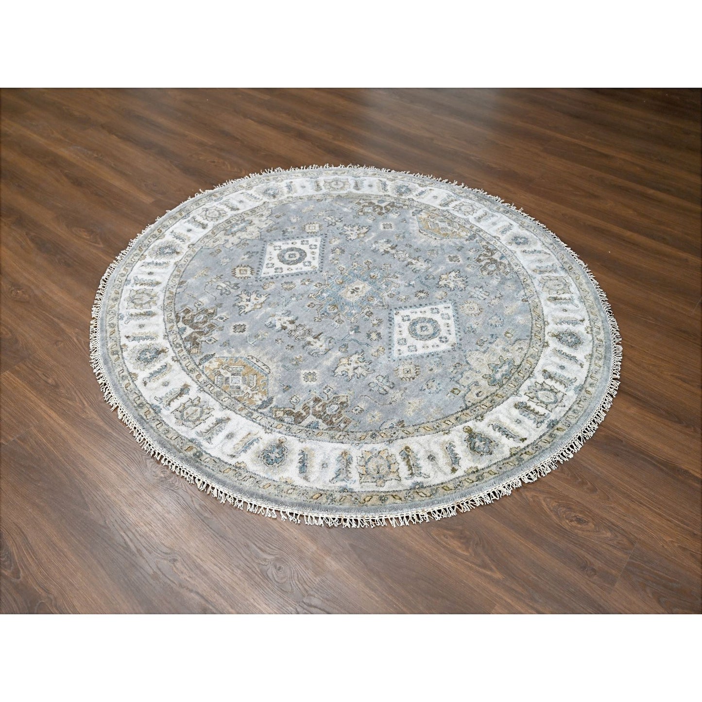 6'X6' Lavender Gray Hand Knotted Karajeh Design Wool Round Rug