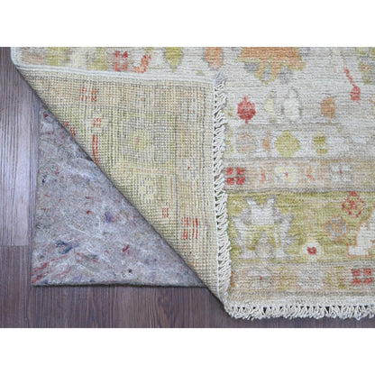 4'X11'9" White Hand Knotted Angora Oushak Leaf Pattern Wool Runner Rug
