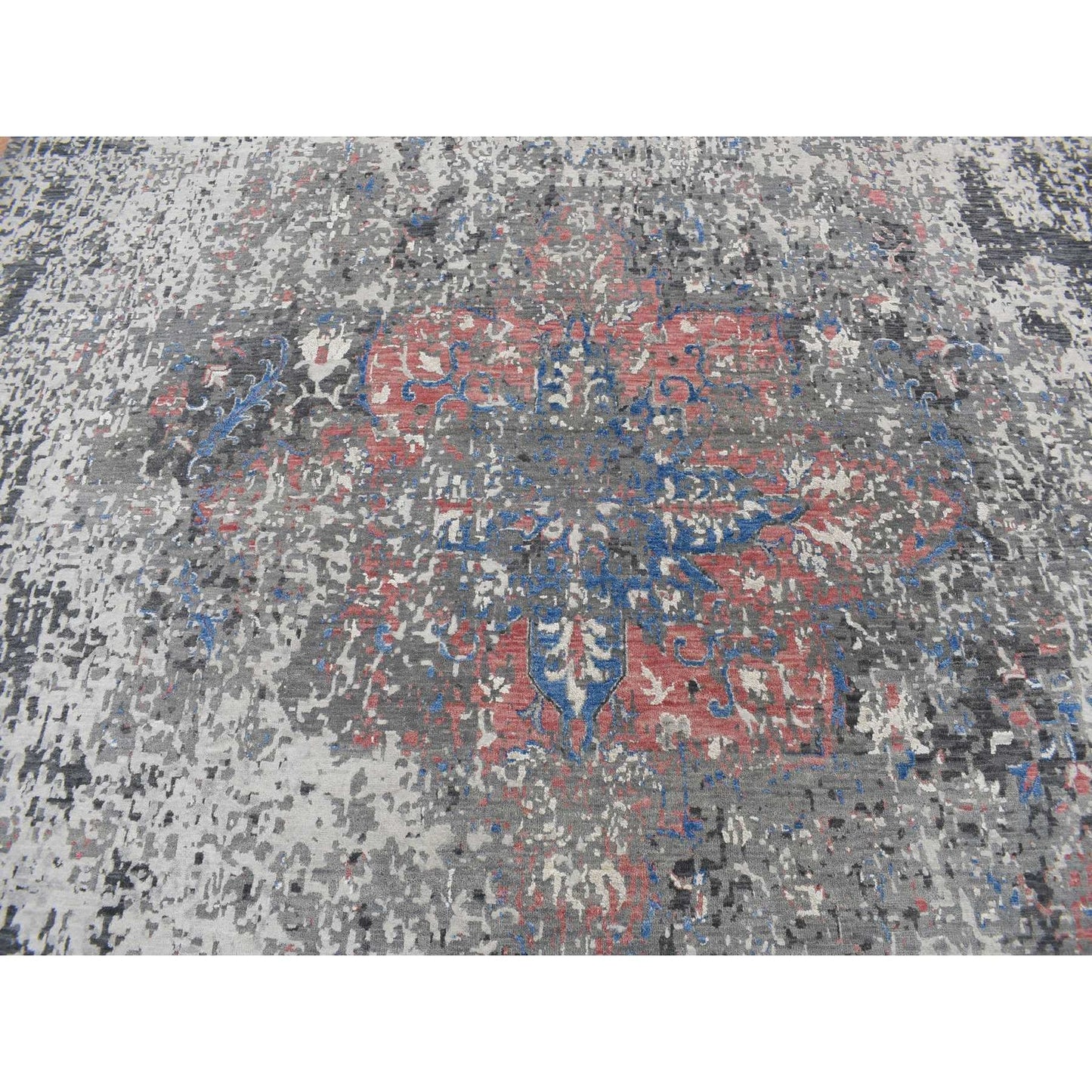 9'2"x12' Arsenic Gray Wool and Silk Erased Heris Design Hand Knotted Rug