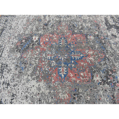9'2"x12' Arsenic Gray Wool and Silk Erased Heris Design Hand Knotted Rug