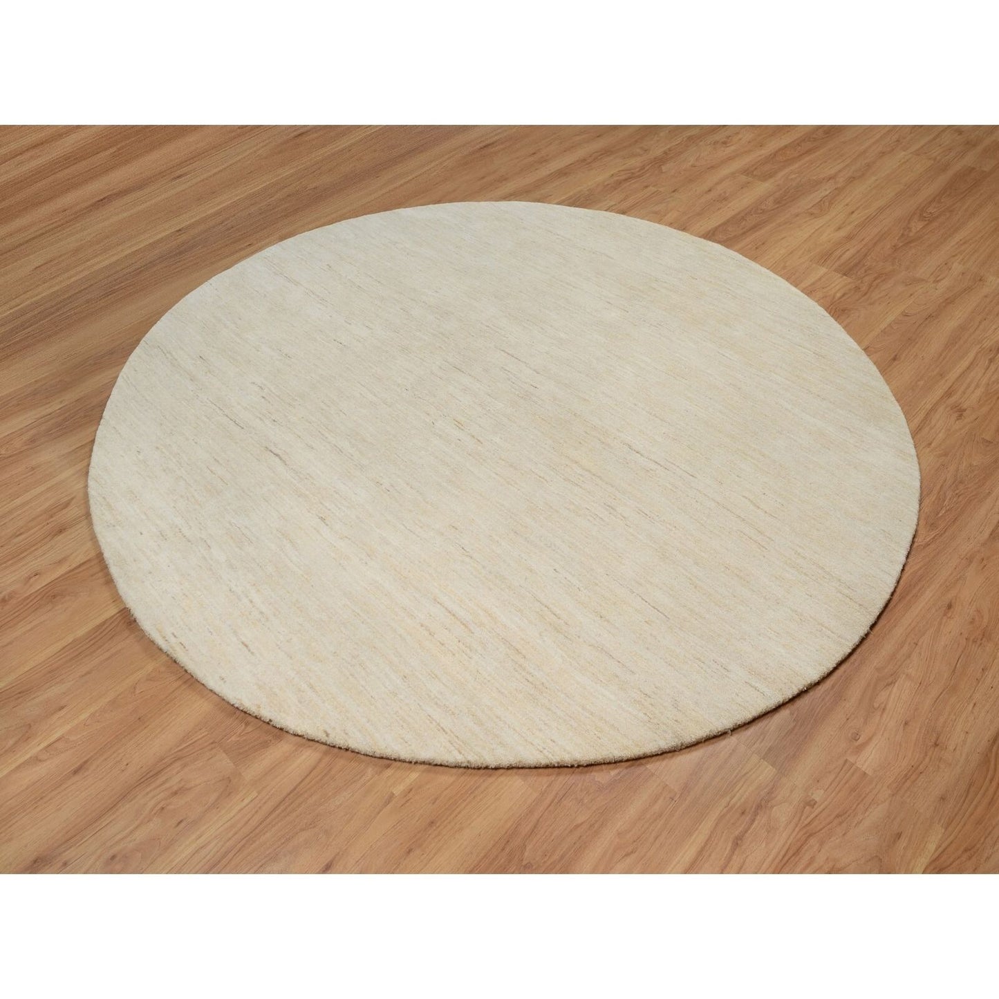 7'9"X7'9" Bone White Pure Wool Modern Plain Design Hand Knotted Round Rug