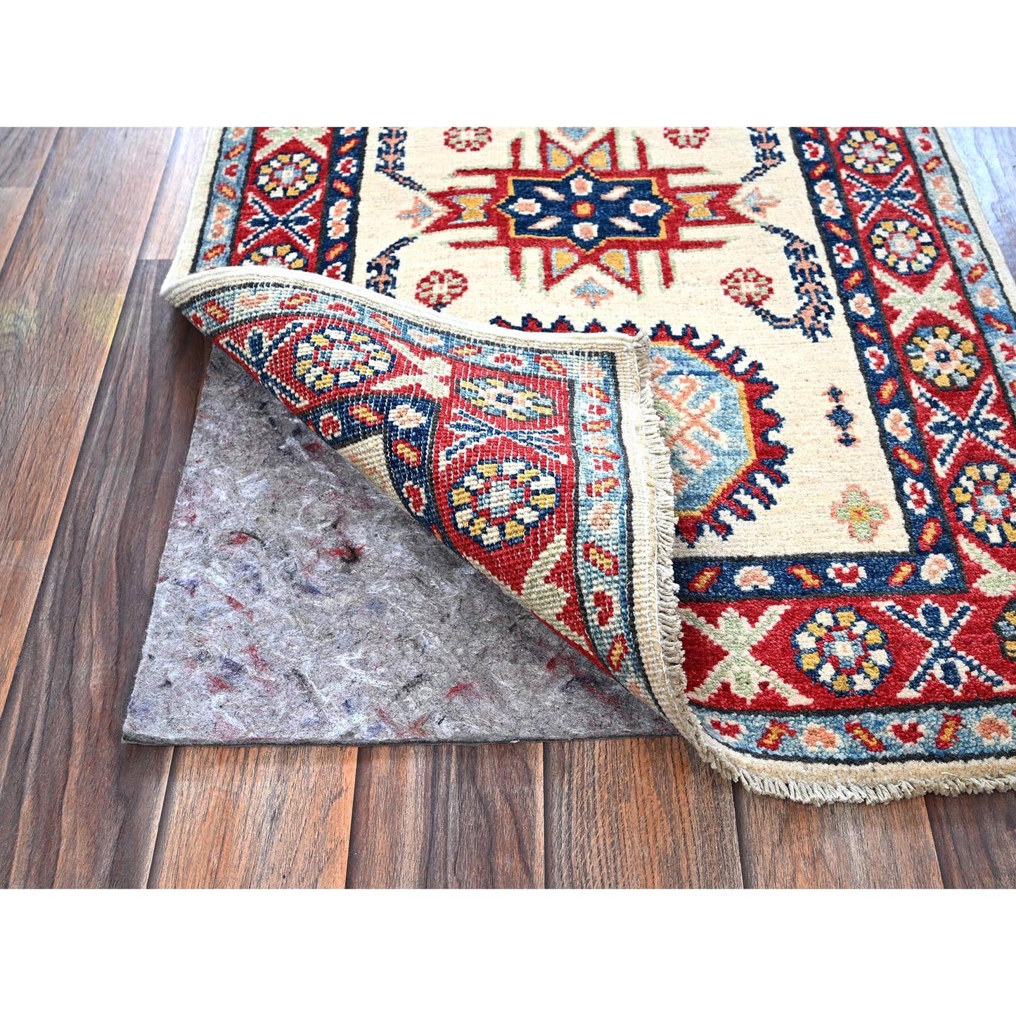 2'X3'1" White Kazak With Geometric Design Soft Wool Hand Knotted Sample Rug
