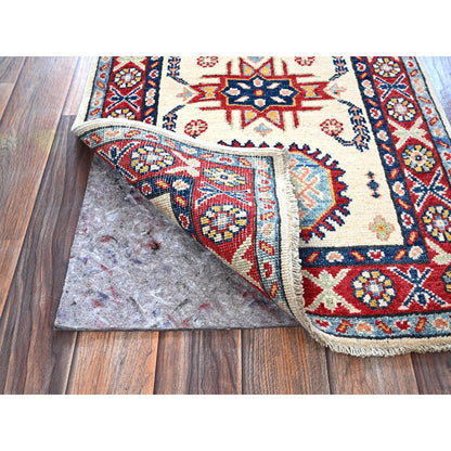 2'X3'1" White Kazak With Geometric Design Soft Wool Hand Knotted Sample Rug