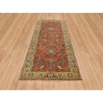 4'X10' Red Heris Re-Creation Hand Knotted Wool Wide Runner Rug
