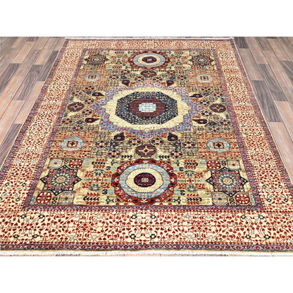 5'X6'8" Green Hand Knotted Soft Wool Mamluk Design Oriental Rug