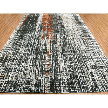 9'X12'4" Jet Black Organic Wool Hand Knotted Abstract Design Rug