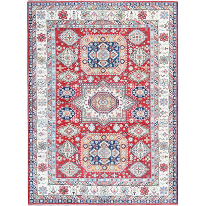 9'1"X11'9" Berry Red Kazak With Geometric Design Hand Knotted Soft Wool Rug