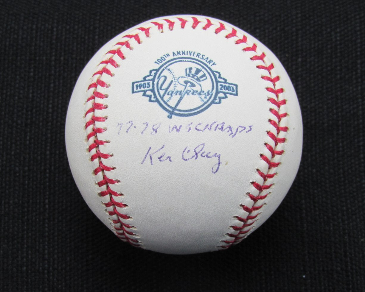 Ken Clay Signed/Auto Yankees 100Th Oml Baseball Jsa Inscr 187152