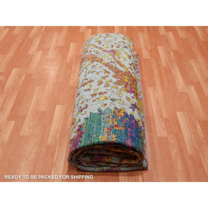 9'X12' Gray Erased Zoroastrian Design Silk With Wool Hand Knotted Rug