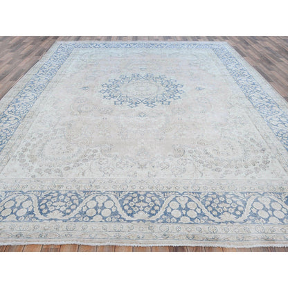10'2"X13'4" Red Hand Knotted Worn Wool Distressed Look Old Farsian Rug