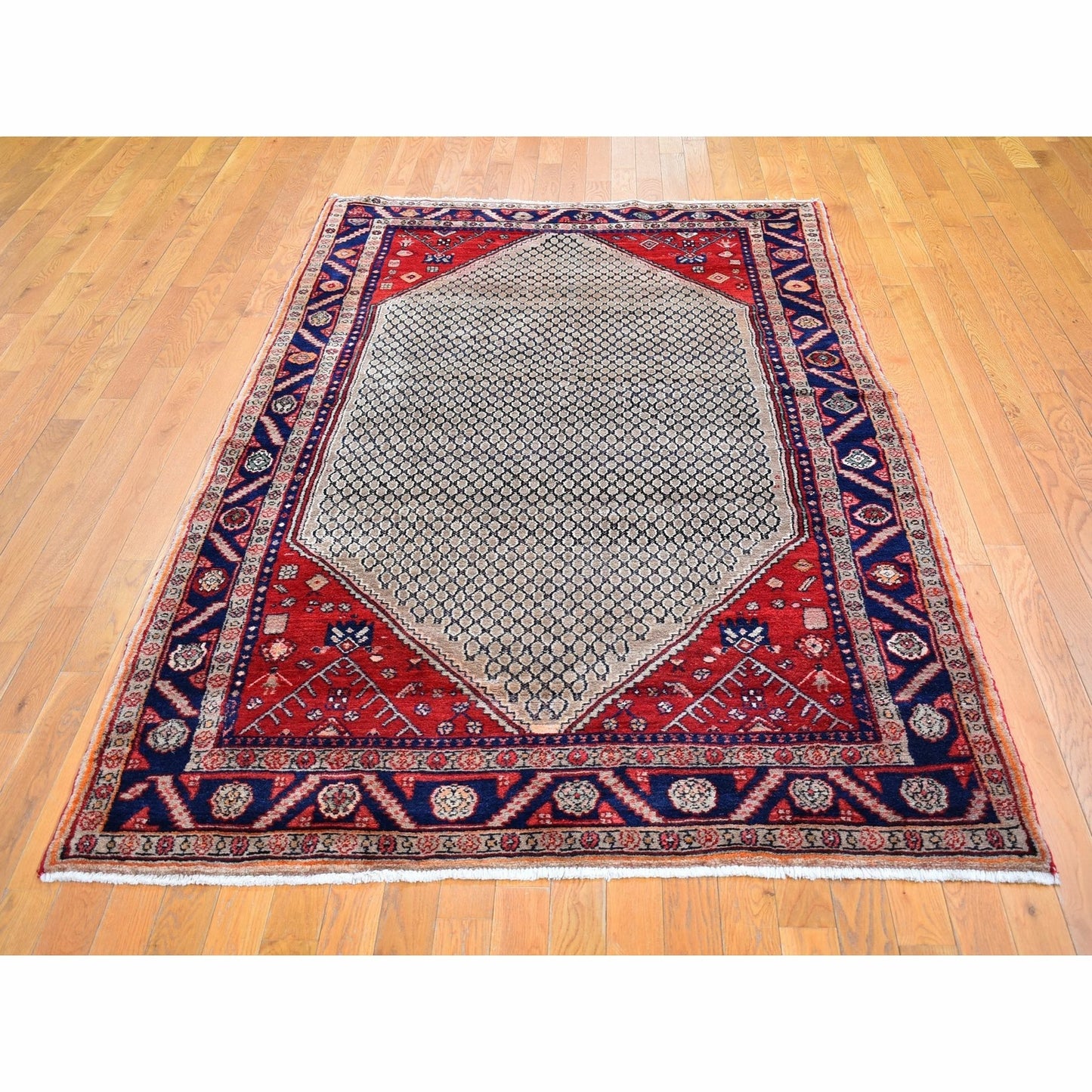 5'2"X8'8" Pure Wool Vintage Farsian Open Field Design Hand Knotted Rug