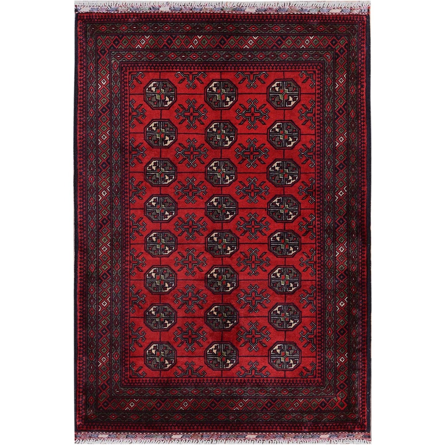 2'9"X4'4" Red Princess Bokara Geometric Design Wool Hand Knotted Sample Rug