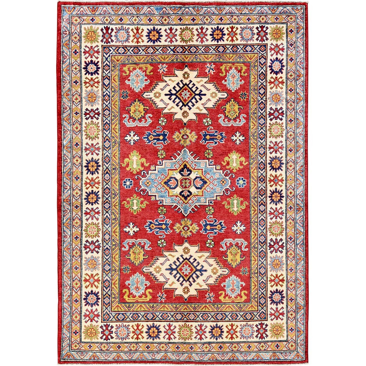 4'10"X7' Red Kazak With Geometric Medallions Design Hand Knotted Wool Rug