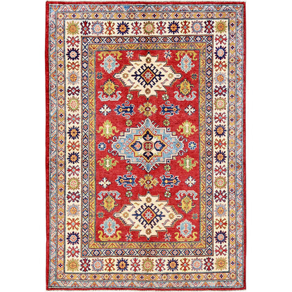 4'10"X7' Red Kazak With Geometric Medallions Design Hand Knotted Wool Rug