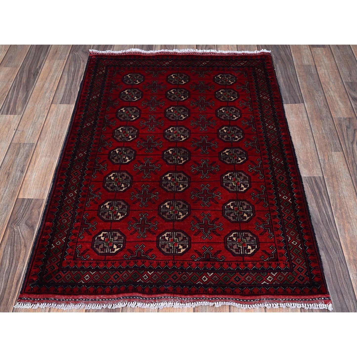 2'9"X3'10" Red Princess Bokara Geometric Design Wool Hand Knotted Mat Rug