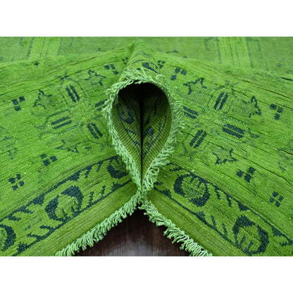 8'X9'6" Green Overdyed Kazak Geometric Pattern Hand Knotted 100% Wool Rug